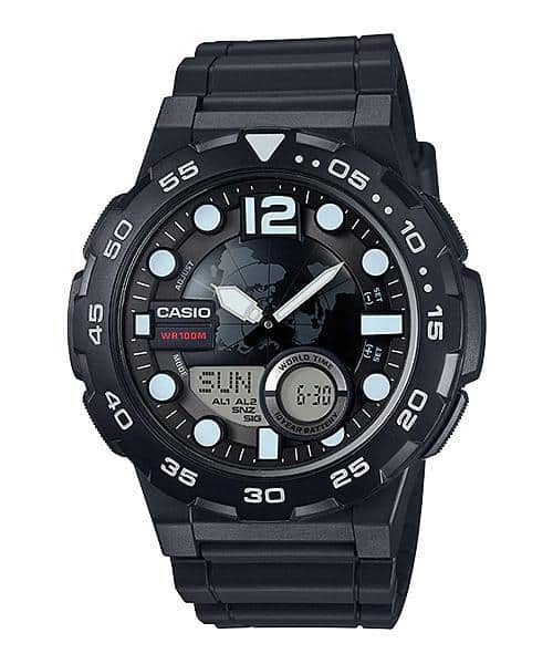 AEQ-100W-1AV Reloj Casio para Hombre, Hora Mundial 10 Años de Batería 52 mm — original con garantía, La Relojería GT