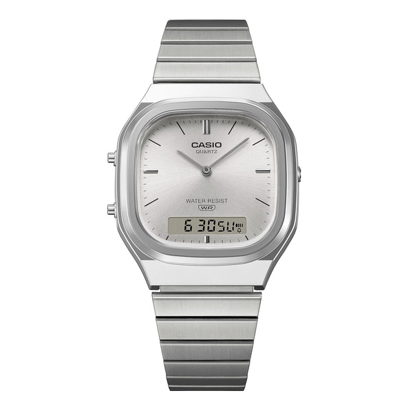 AQ-240E-7A Reloj Casio Vintage unisex banda de metal plateado