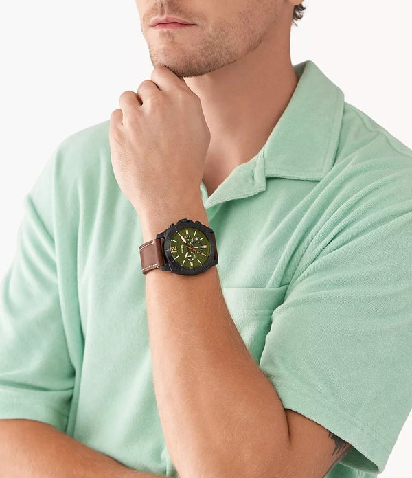 Reloj Fossil Privateer Hombre Correa Cuero Verde - Vista lateral