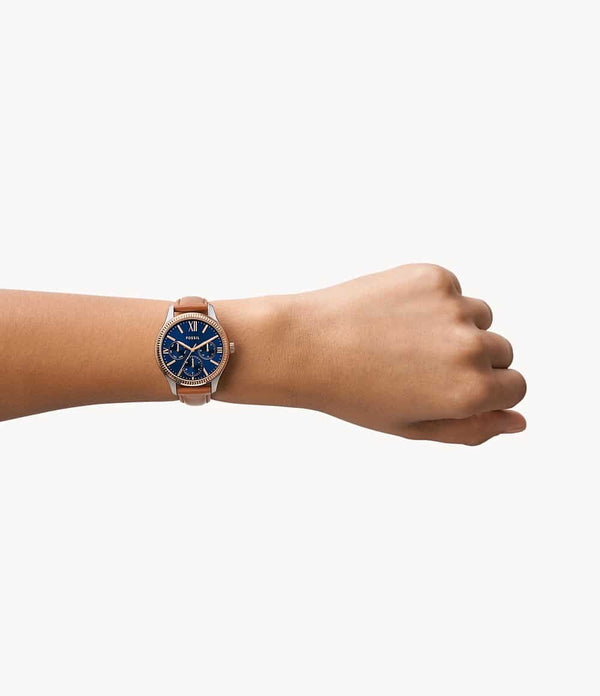 Reloj Fossil Rye Mujer Cuero Marrón Azul Marino - Vista lateral