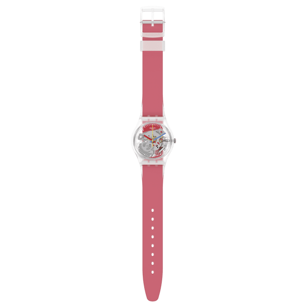 Reloj Swatch Clearly Red Striped unisex banda de resina - Vista lateral
