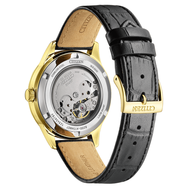 Reloj Citizen Automático Hombre Piel Negra Dorado - Vista lateral