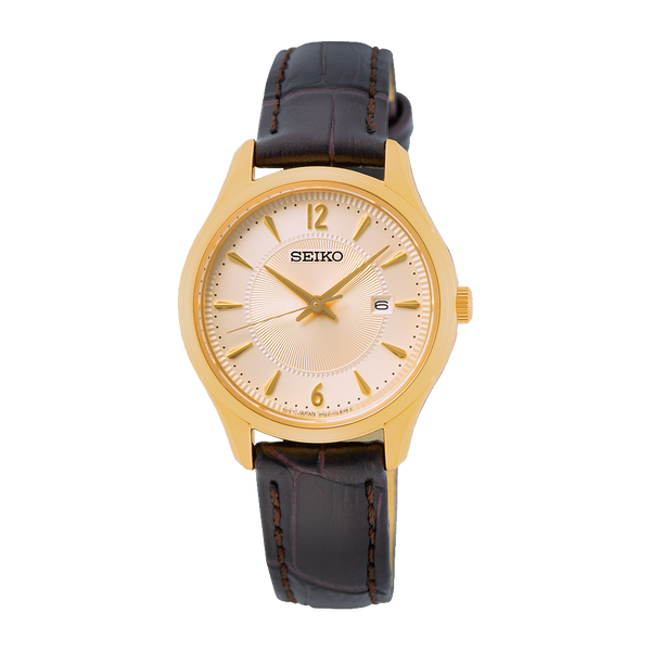 SUR478P1 Reloj Seiko Essentials Mujer Caja Dorada Correa Cuero Marrón
