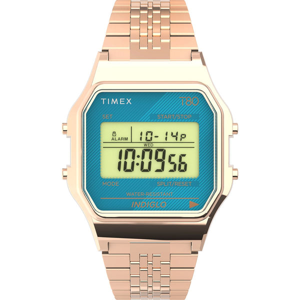TW2U93600 Reloj Timex T80 Unisex Acero Oro Rosa Azul Verdoso