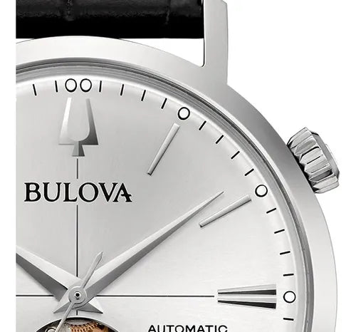 Reloj Bulova Aerojet Automático Hombre Piel Negra - Detalle de esfera