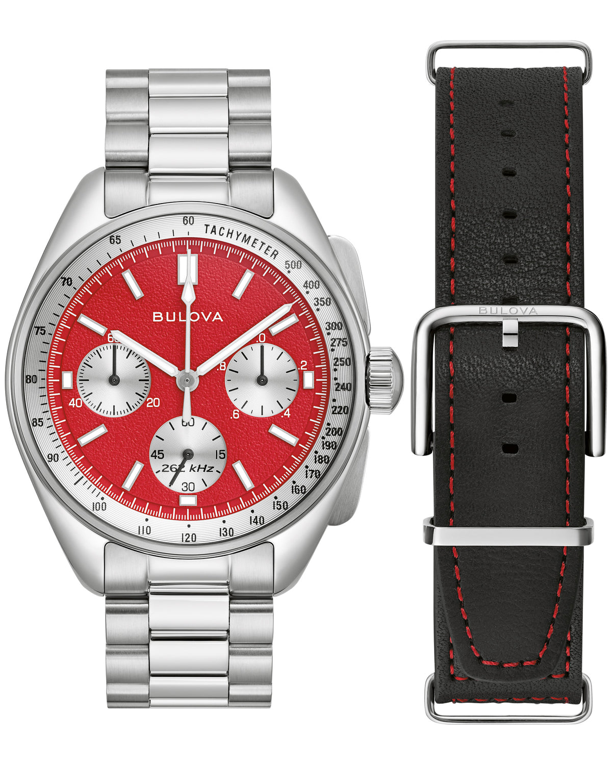 Bulova Lunar Pilot 96K115 Blood Moon con pulsera de acero y correa de piel negra de repuesto