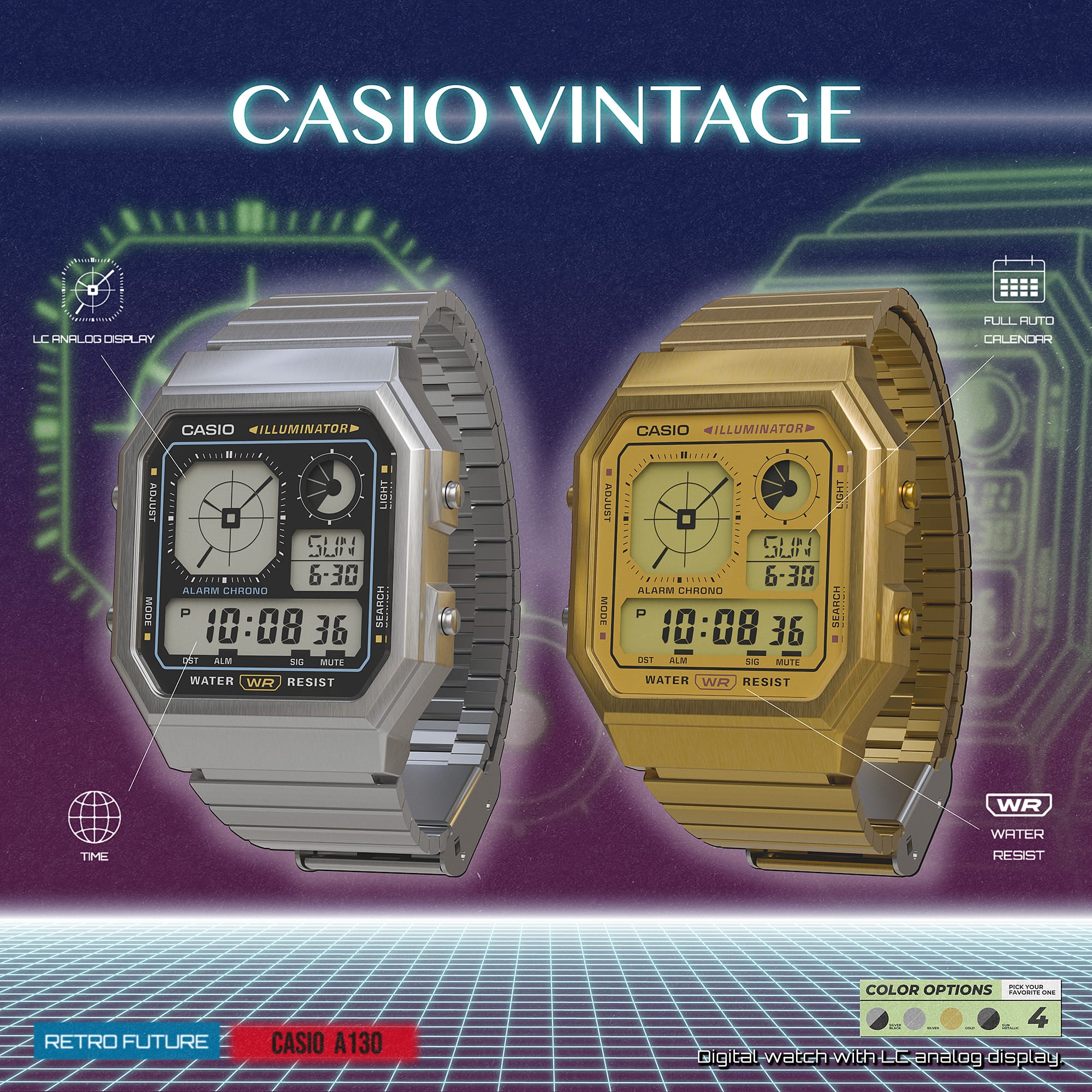 A130WEG-9A Casio de hombre pulsera de acero inoxidable digital