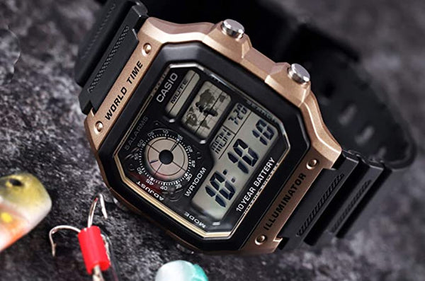 AE-1200WH-5AV Reloj Casio para Hombre, Illuminator Hora Mundial 10 Años de Batería - Negro