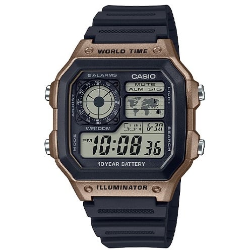 AE-1200WH-5AV Reloj Casio para Hombre, Illuminator Hora Mundial 10 Años de Batería - Negro