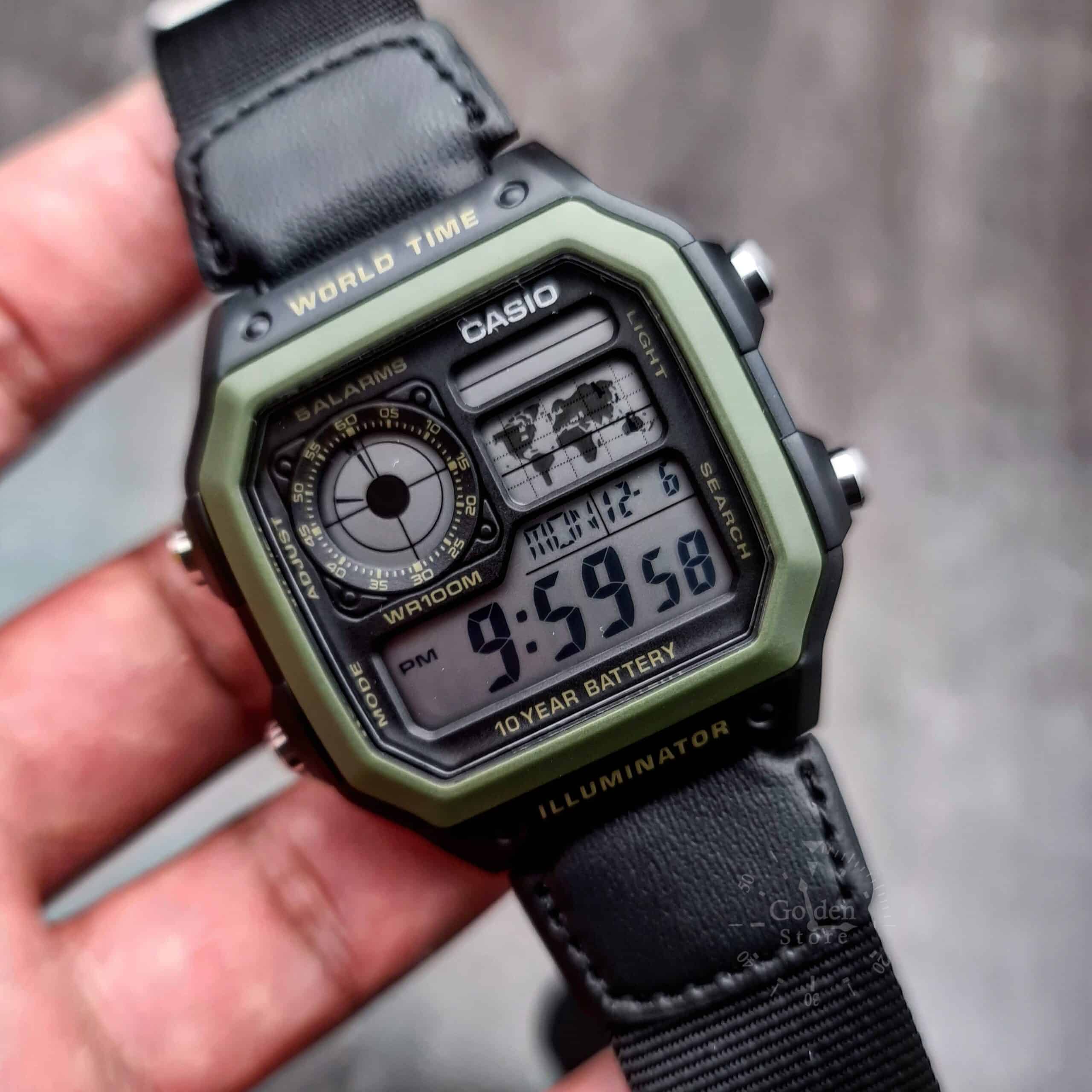 AE-1200WHB Reloj Casio World Time Hombre Correa de Cuero - Vista lateral