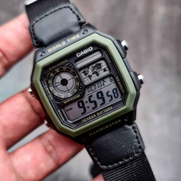 AE-1200WHB Reloj Casio World Time Hombre Correa de Cuero - Vista lateral