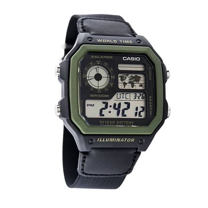 AE-1200WHB Reloj Casio World Time Hombre Correa de Cuero - Detalle de esfera