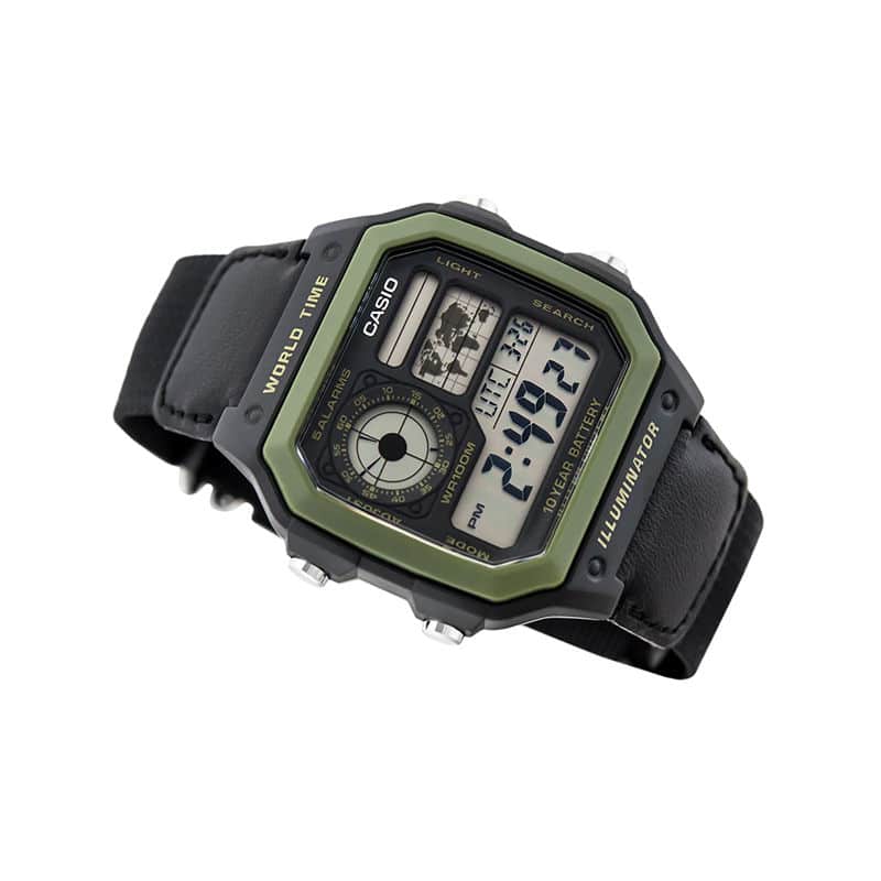 AE-1200WHB Reloj Casio World Time Hombre Correa de Cuero - Vista trasera