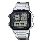 AE-1200WHD-1AV Reloj Casio para Hombre, Illuminator Hora Mundial 10 Años de Batería - Acero Inoxidable Plateado