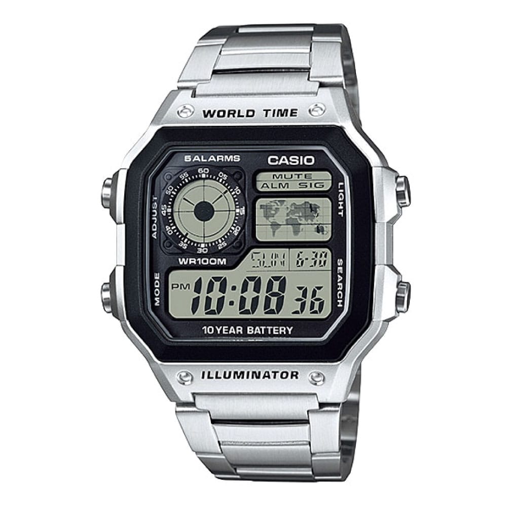 AE-1200WHD-1AV Reloj Casio para Hombre, Illuminator Hora Mundial 10 Años de Batería - Acero Inoxidable Plateado