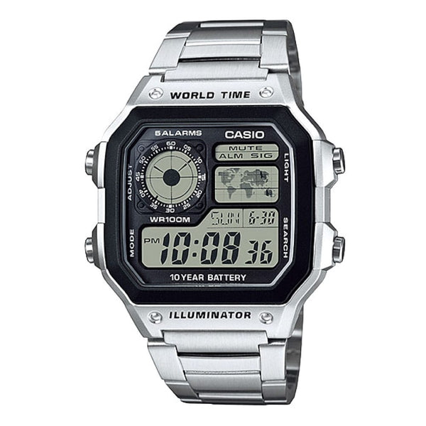 AE-1200WHD-1AV Reloj Casio para Hombre, Illuminator Hora Mundial 10 Años de Batería - Plateado
