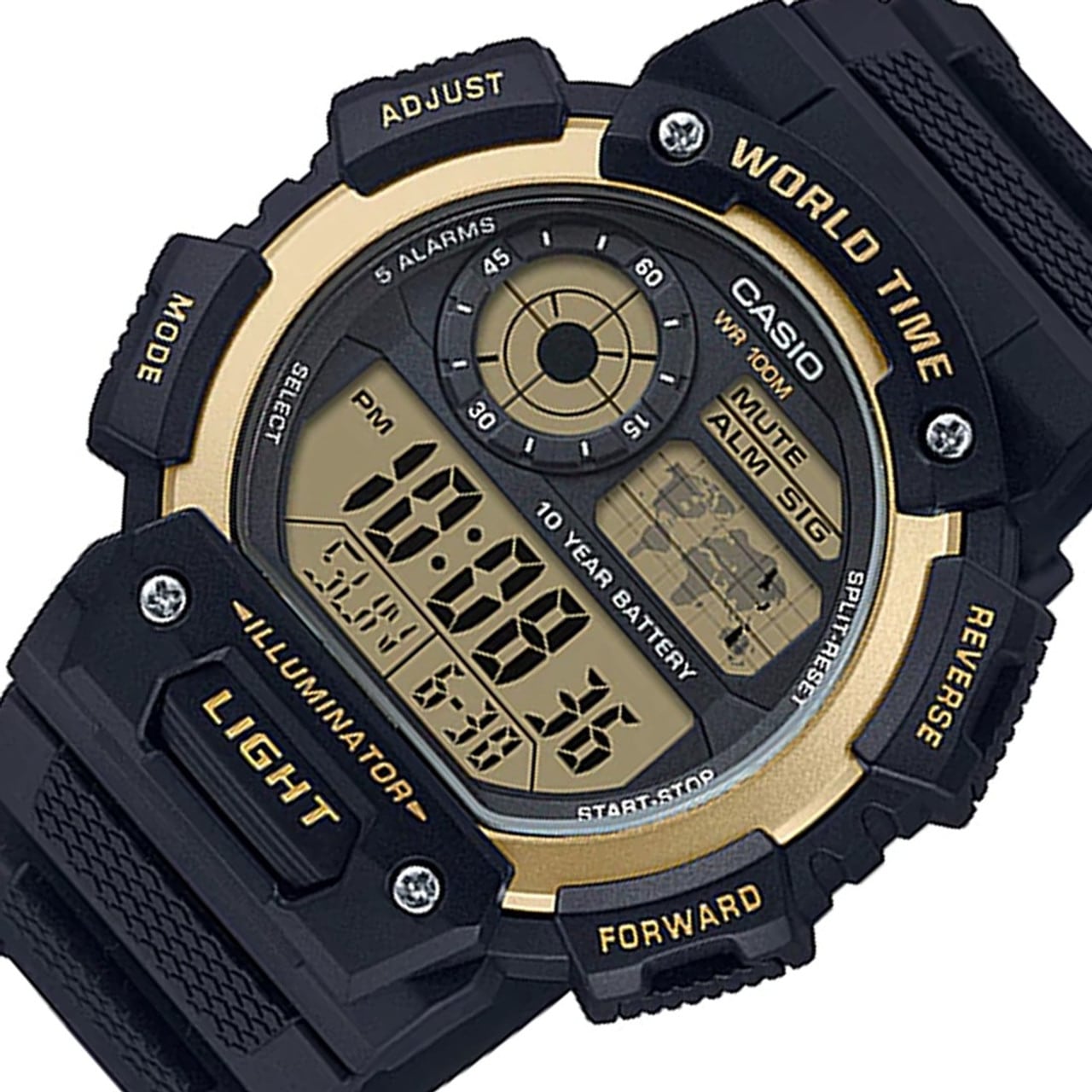 AE-1400WH Reloj Casio World Time Hombre Resina Negro Dorado - Detalle de esfera