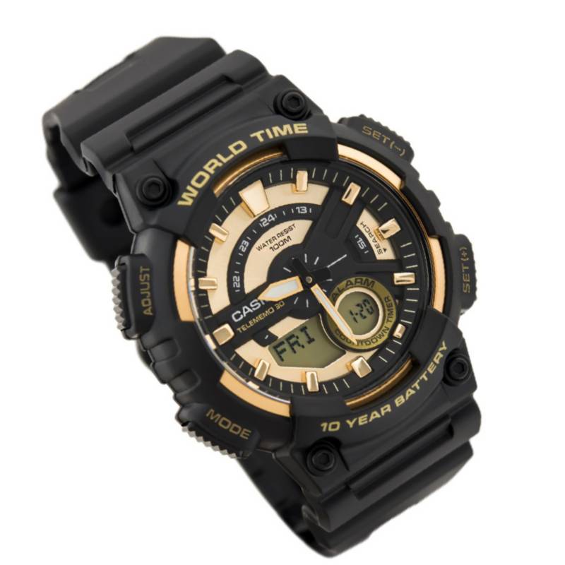 110BW-9AV Reloj Casio para Hombre, Hora Mundial, Telememo 30, 10 Años de Batería - Detalle de esfera