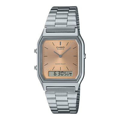 AQ-230A-4A Reloj Casio Vintage unisex doble hora correa de acero
