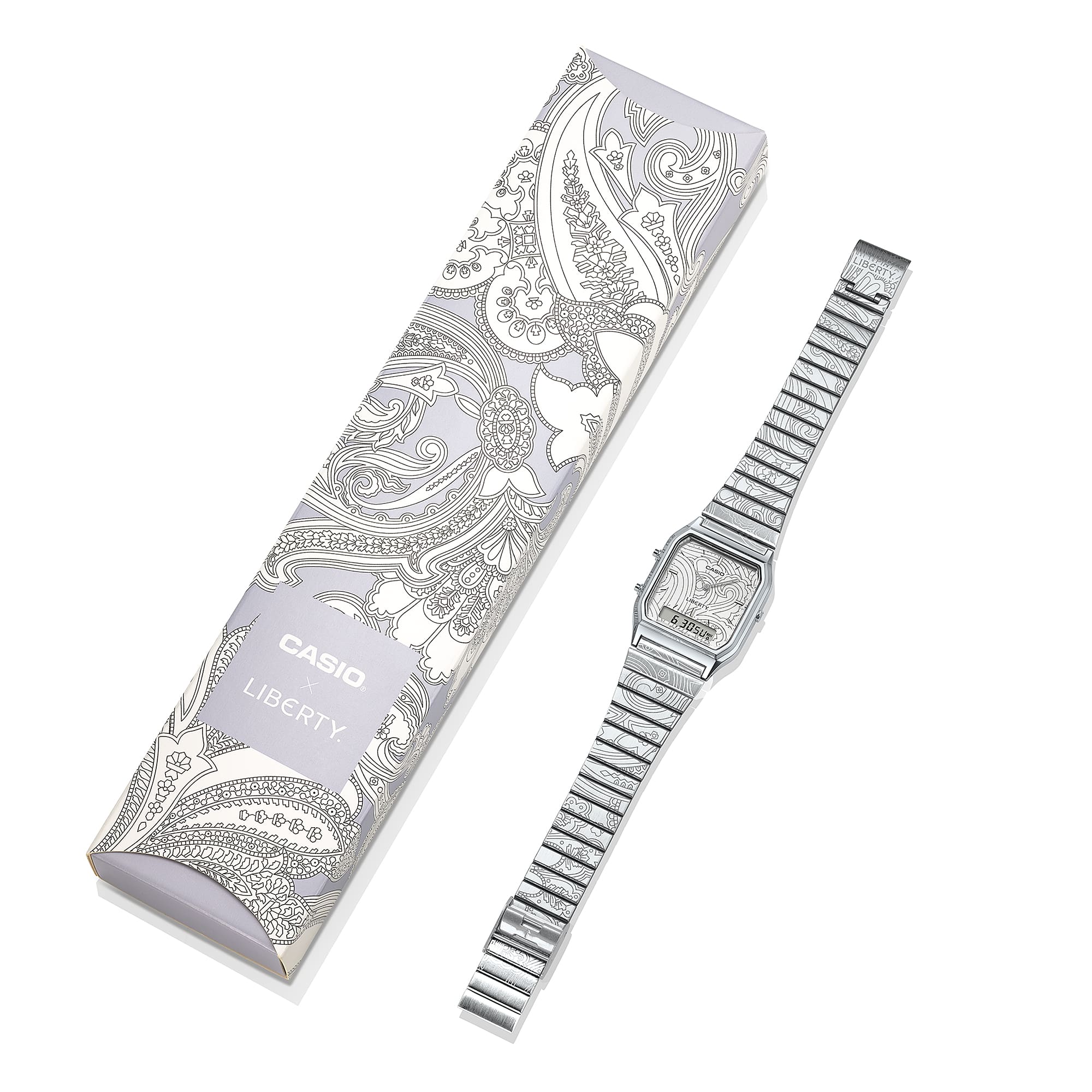 AQ-230ELT-7A Reloj Casio x Liberty unisex correa de metal doble hora