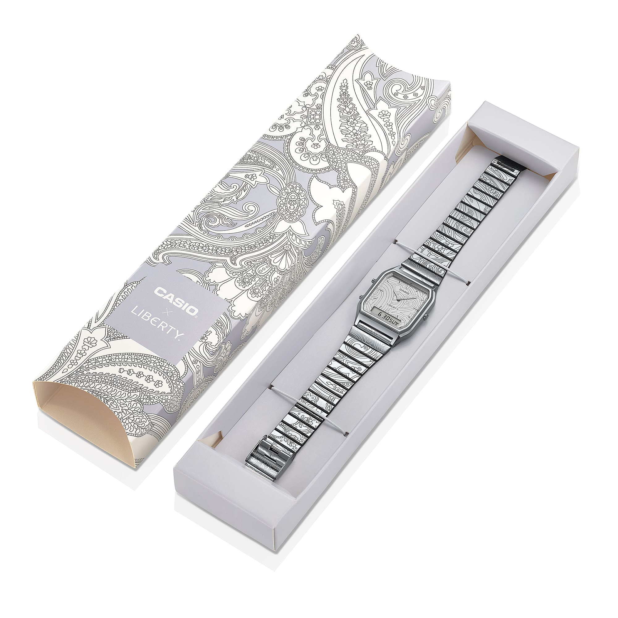 AQ-230ELT-7A Reloj Casio x Liberty unisex correa de metal doble hora