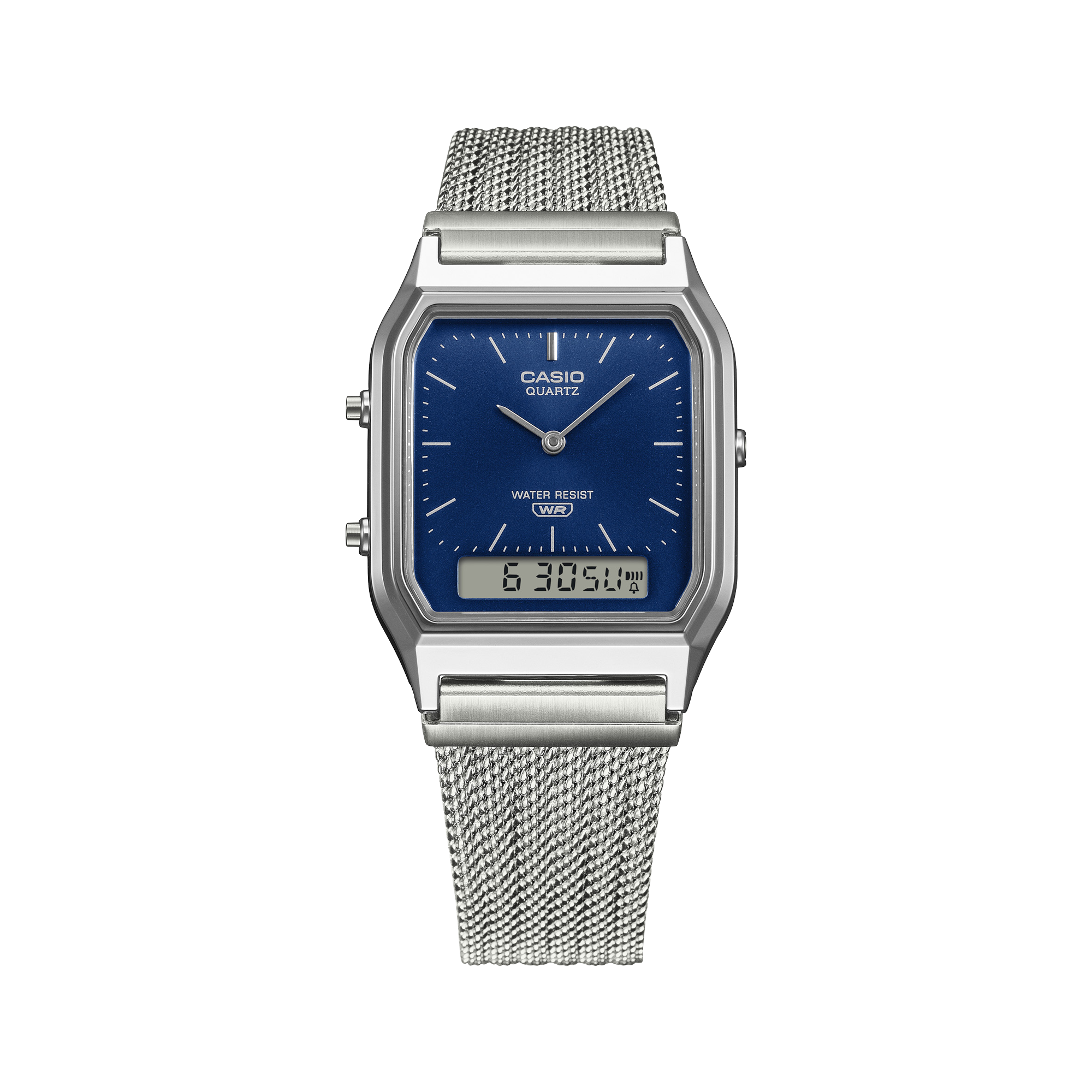 AQ-230EM Reloj Casio Vintage Unisex Acero Esfera Azul - Vista trasera