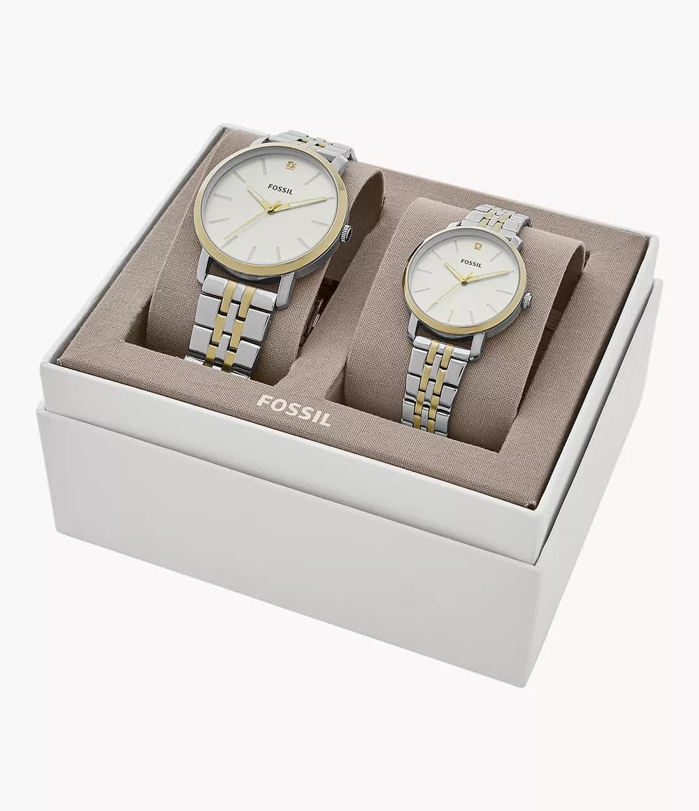 LUX-SET Reloj Fossil Luther Set Pareja Acero Plata Oro - Vista trasera