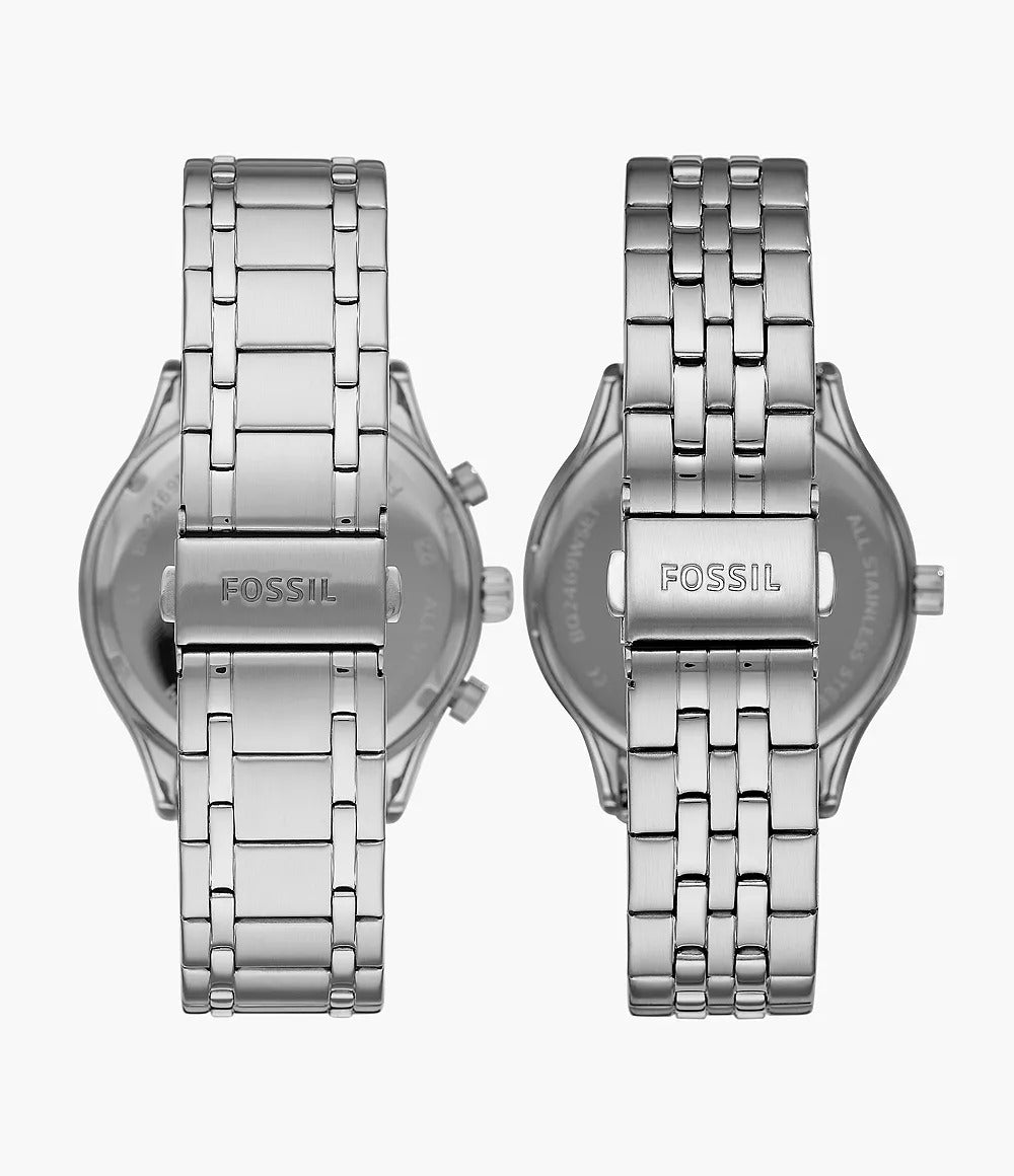 Set Relojes Fossil Bannon Pareja Acero Inoxidable Blanco - Vista trasera