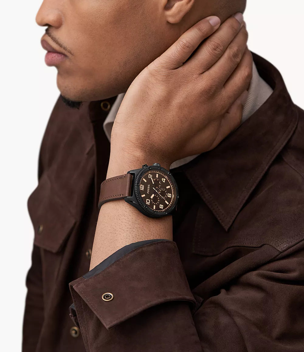 DE Reloj Fossil Brox Hombre Correa Cuero Marrón Caja Negra - Vista trasera