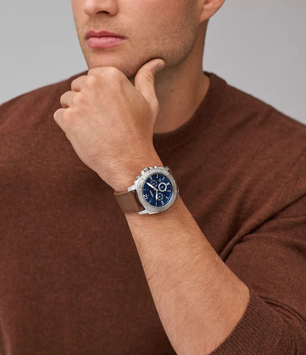 Reloj Fossil Privateer Hombre Correa Cuero Azul - Vista lateral