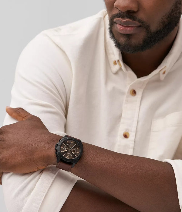 Reloj Fossil Privateer Hombre Acero Negro Cuero - Vista lateral