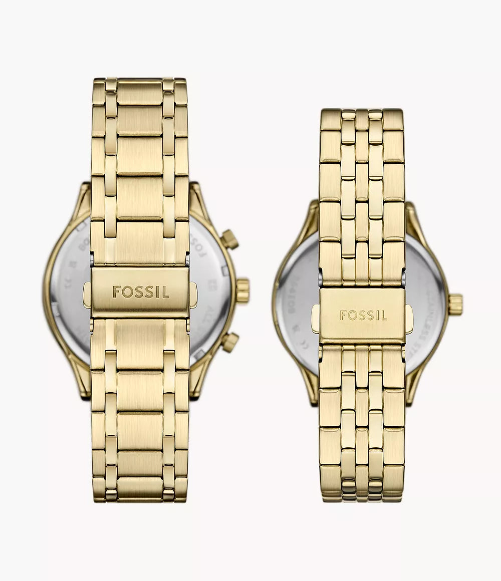 SET-Y Set de Relojes Fossil Privateer Pareja Pulsera Metal Dorado - Vista trasera