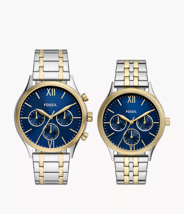 Reloj Fossil Fenmore Set Pareja Acero Bicolor Azul Marino - Reloj original en Guatemala
