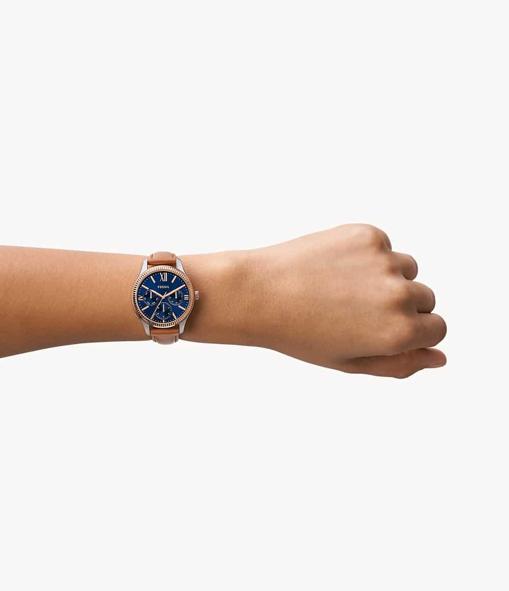 Reloj Fossil Rye Mujer Cuero Marrón Azul Marino - Vista lateral