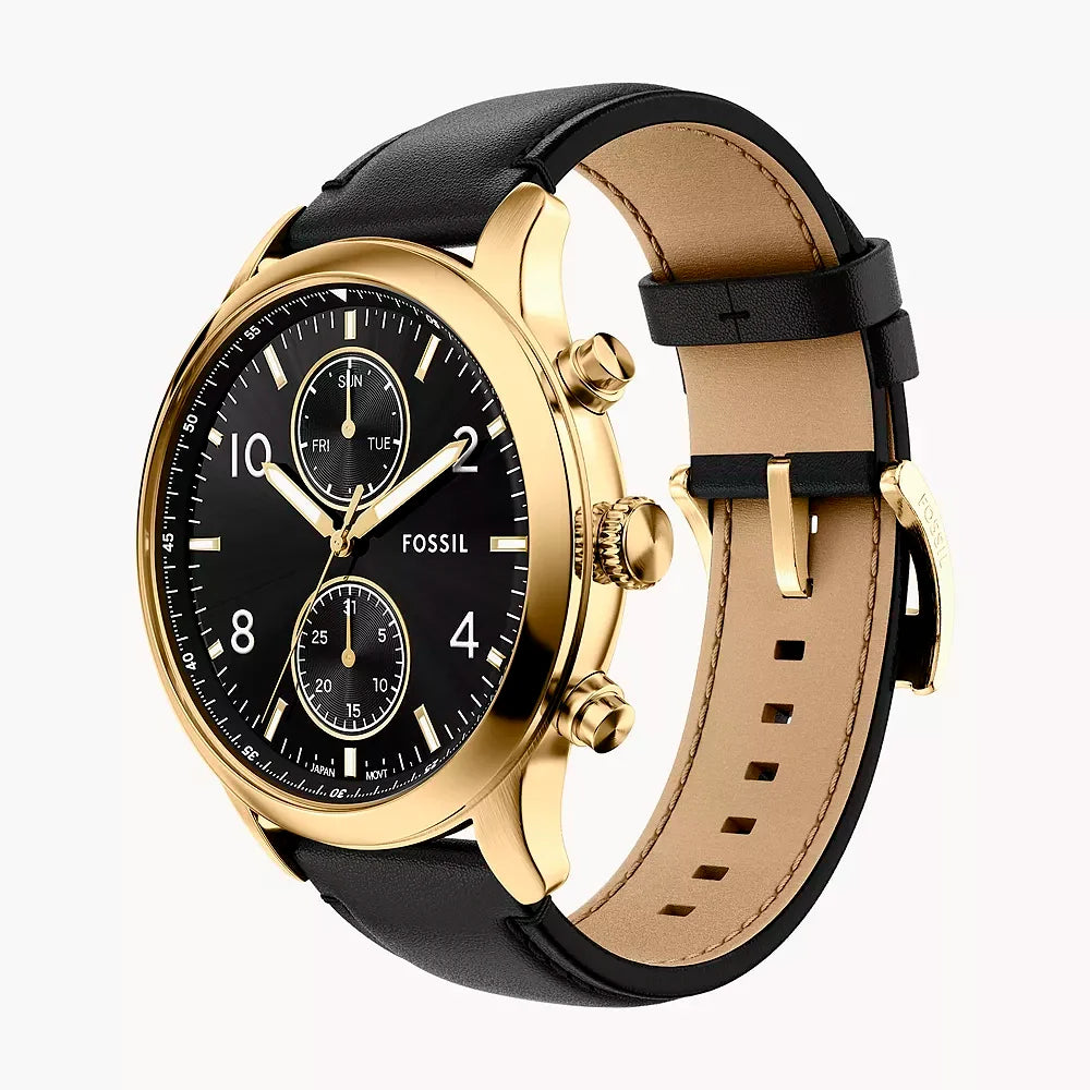 Reloj Fossil Bennett Hombre Cuero Negro Caja Dorada - Detalle de esfera