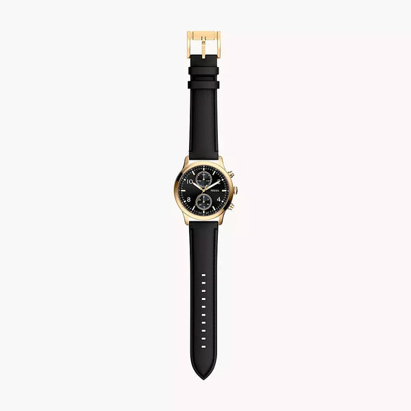 Reloj Fossil Bennett Hombre Cuero Negro Caja Dorada - Vista lateral