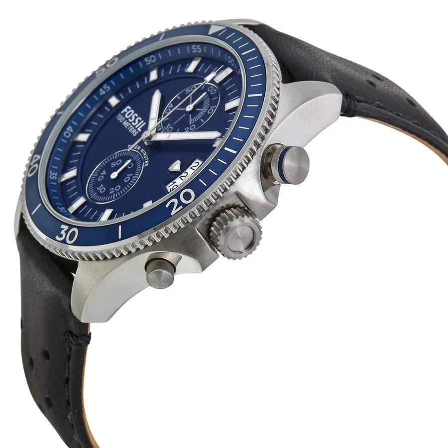 Reloj Fossil Wakefield Hombre Cuero Negro Azul - Detalle de esfera