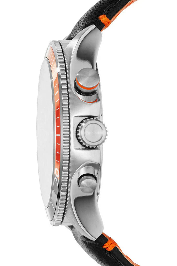 Reloj Fossil Wakefield Hombre Cuero Negro Naranja - Detalle de esfera