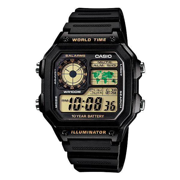 AE-1200WH-1BV Reloj Casio para Caballero, Illuminator Hora Mundial 10 Años de Batería