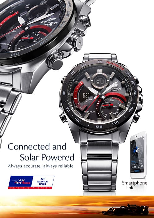 900DB Reloj Edifice Tough Solar Hombre Acero Negro Rojo - Detalle de esfera