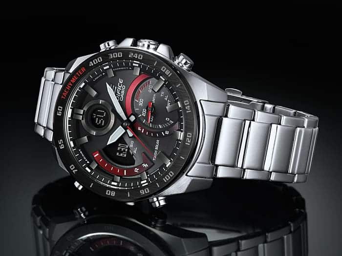 900DB Reloj Edifice Tough Solar Hombre Acero Negro Rojo - Vista trasera