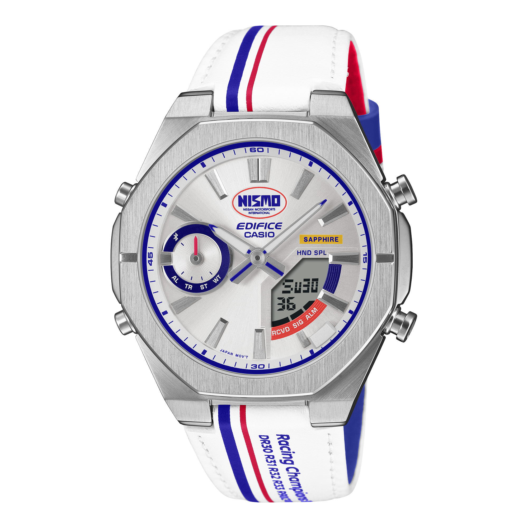 S10NIS-7A Reloj Edifice Nismo Hombre Correa Cuero Blanco - Vista lateral