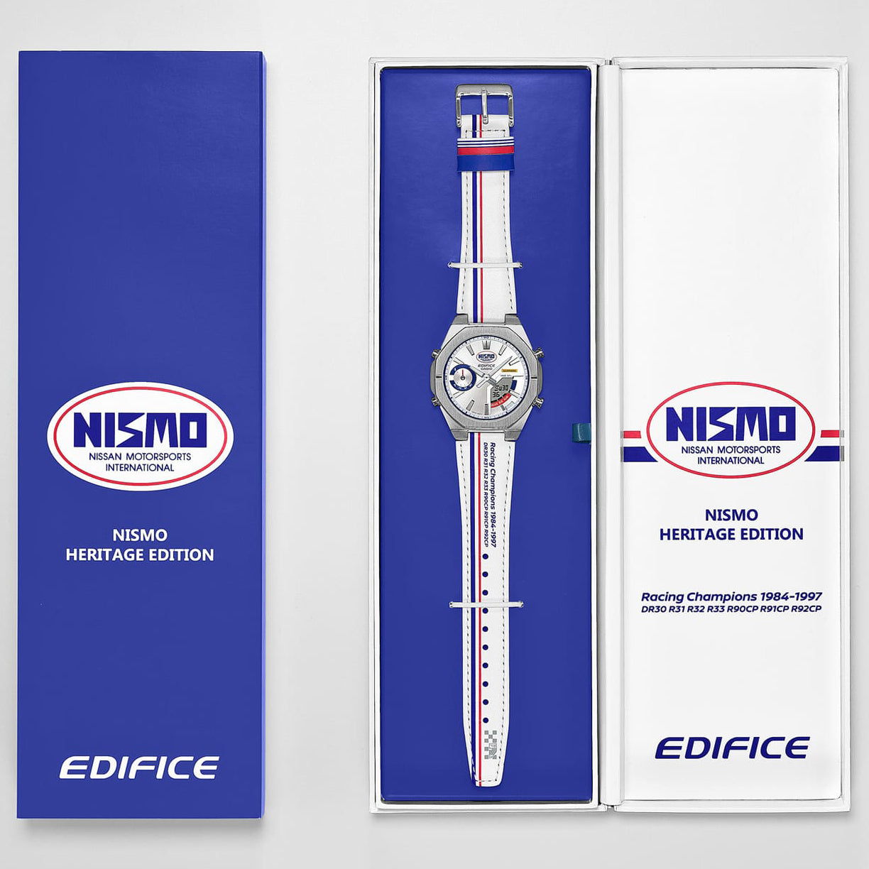 S10NIS-7A Reloj Edifice Nismo Hombre Correa Cuero Blanco - Vista trasera