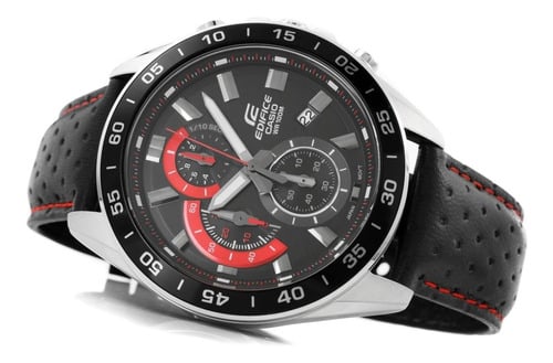 550L Reloj Edifice Hombre Correa Cuero Negro Rojo - Detalle de esfera