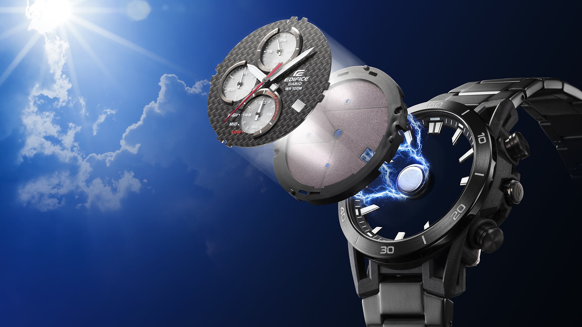 960D Reloj Edifice Hombre Correa Acero Esfera Negra - Detalle de esfera