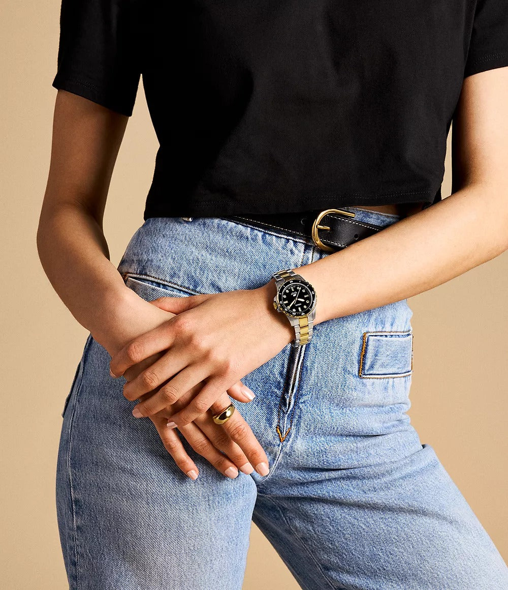 Reloj Fossil Dive Mujer Acero Bicolor Esfera Negra - Vista trasera