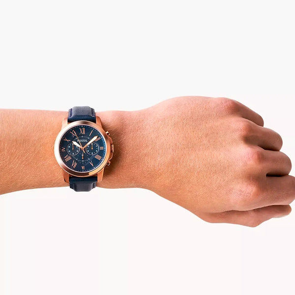 Reloj Fossil Grant Hombre Oro Rosa Piel Azul - Vista lateral