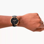 Reloj Fossil Neutra Hombre Cuero Negro Oro Rosa - Detalle de esfera
