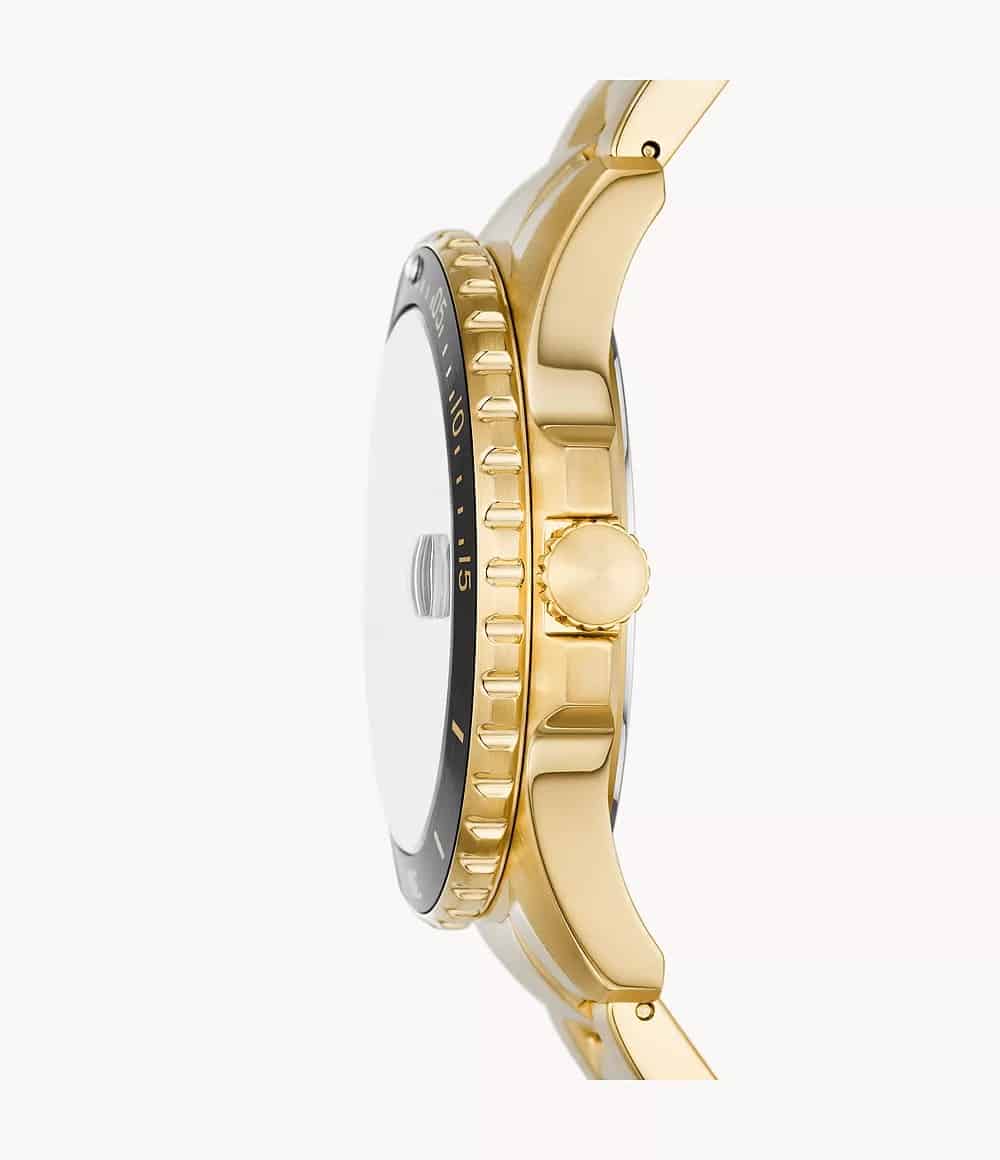 Reloj Fossil Dive Hombre Acero Dorado Esfera Negra - Vista lateral