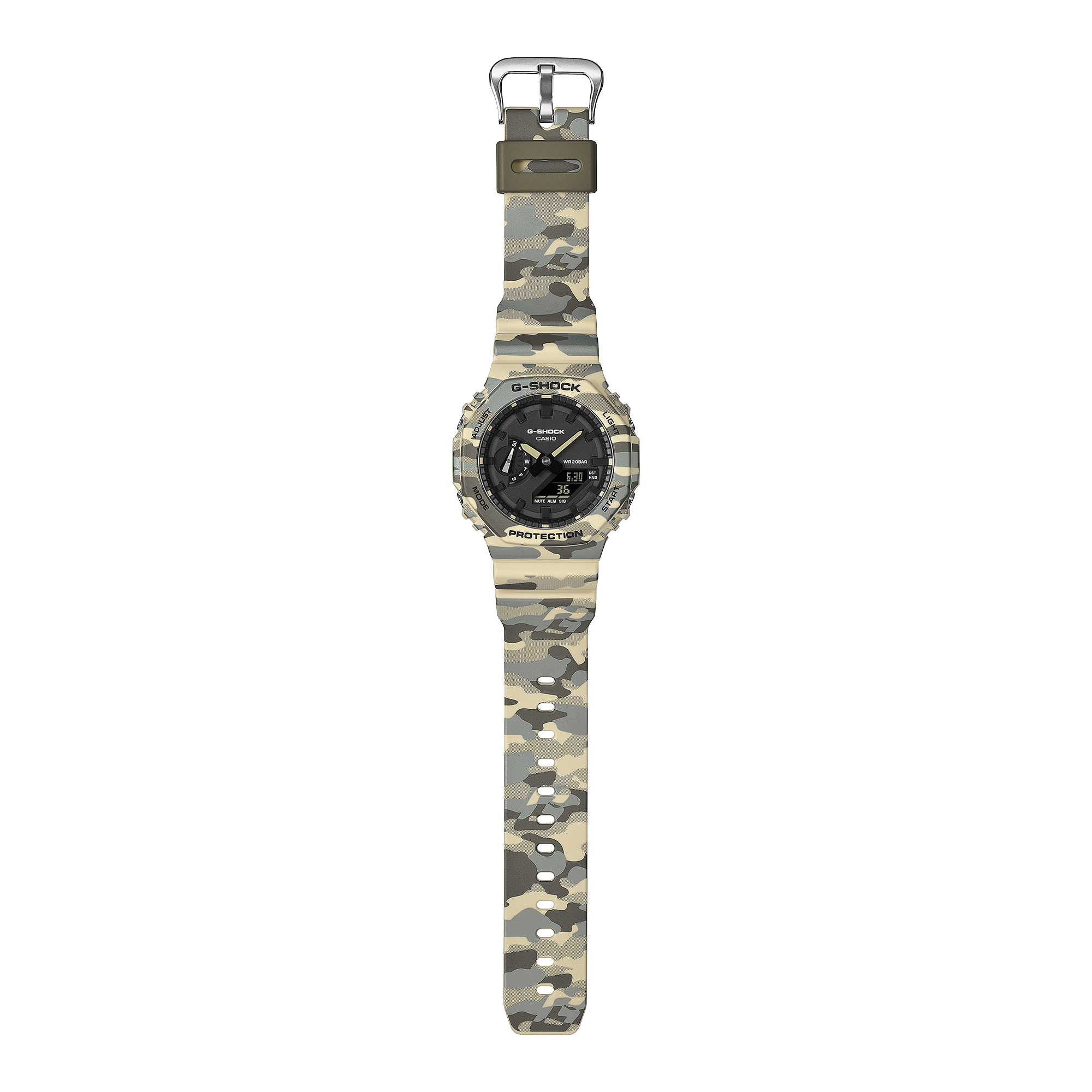 GA-2100CM-5A Reloj G-Shock unisex correa de caucho doble hora - Detalle de esfera